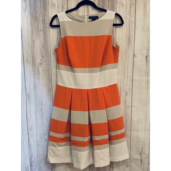Lauren Ralph Lauren Dresses & Skirts - Lauren Ralph Lauren Coral Tan and White Pleated Career Classic Dress Size 10